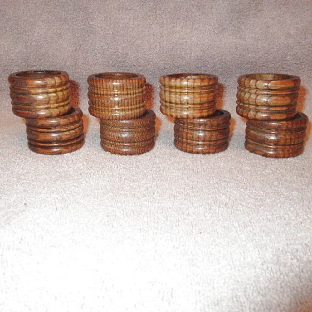 Vtg Carved Wood Napkin Rings 8 Piece Grooved Ribbed Fancy Holders Boho 70s MCM